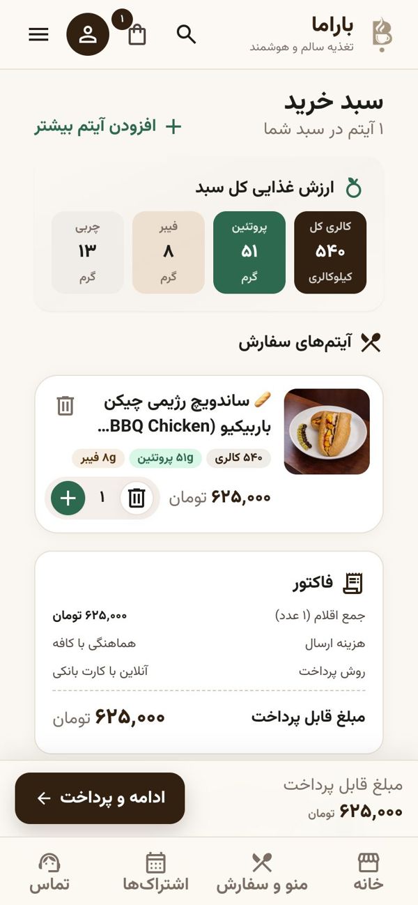 Cart showing total nutrition of the order